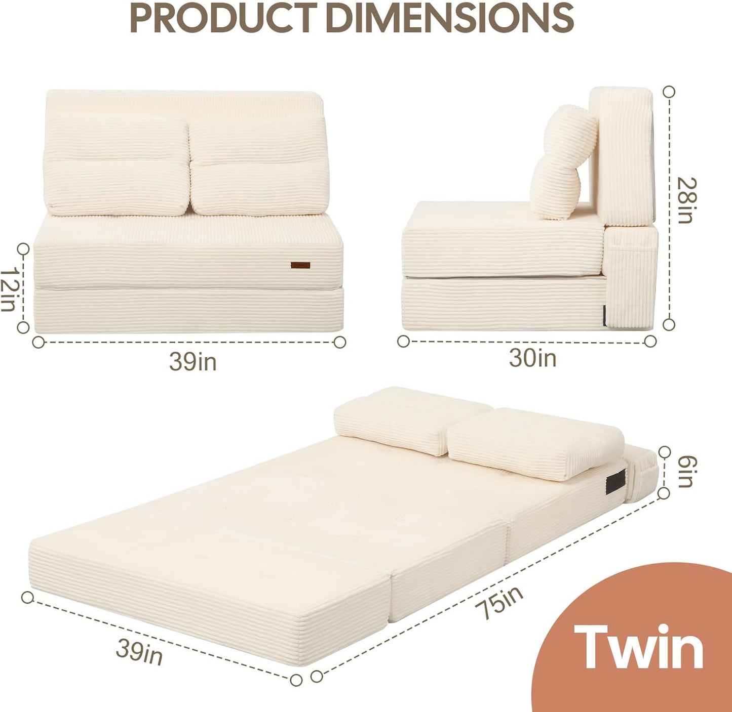 COMAX Folding Sofa Bed, Foldable Couch for Bedroom, Convertible Floor Sleeper Futon Chair Foam, Corduroy 3 in 1 Fold Out Chair Portable Comfy Lounge Couch Sofa Bed for Small Space, Twin, Beige