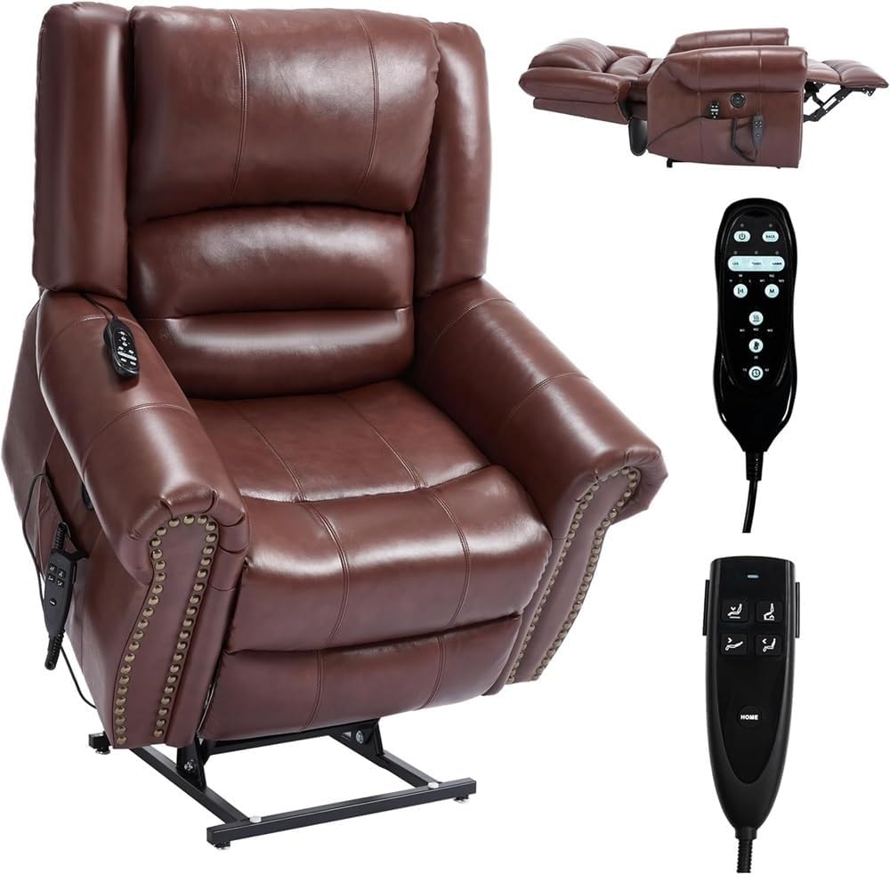 Red Dual Motor Power Lift Chair Lay Flat Recliner with Heat Massage USB Charging Ports Electric Recliner Infinite Position Standing Assistance Leather Chair for Elderly