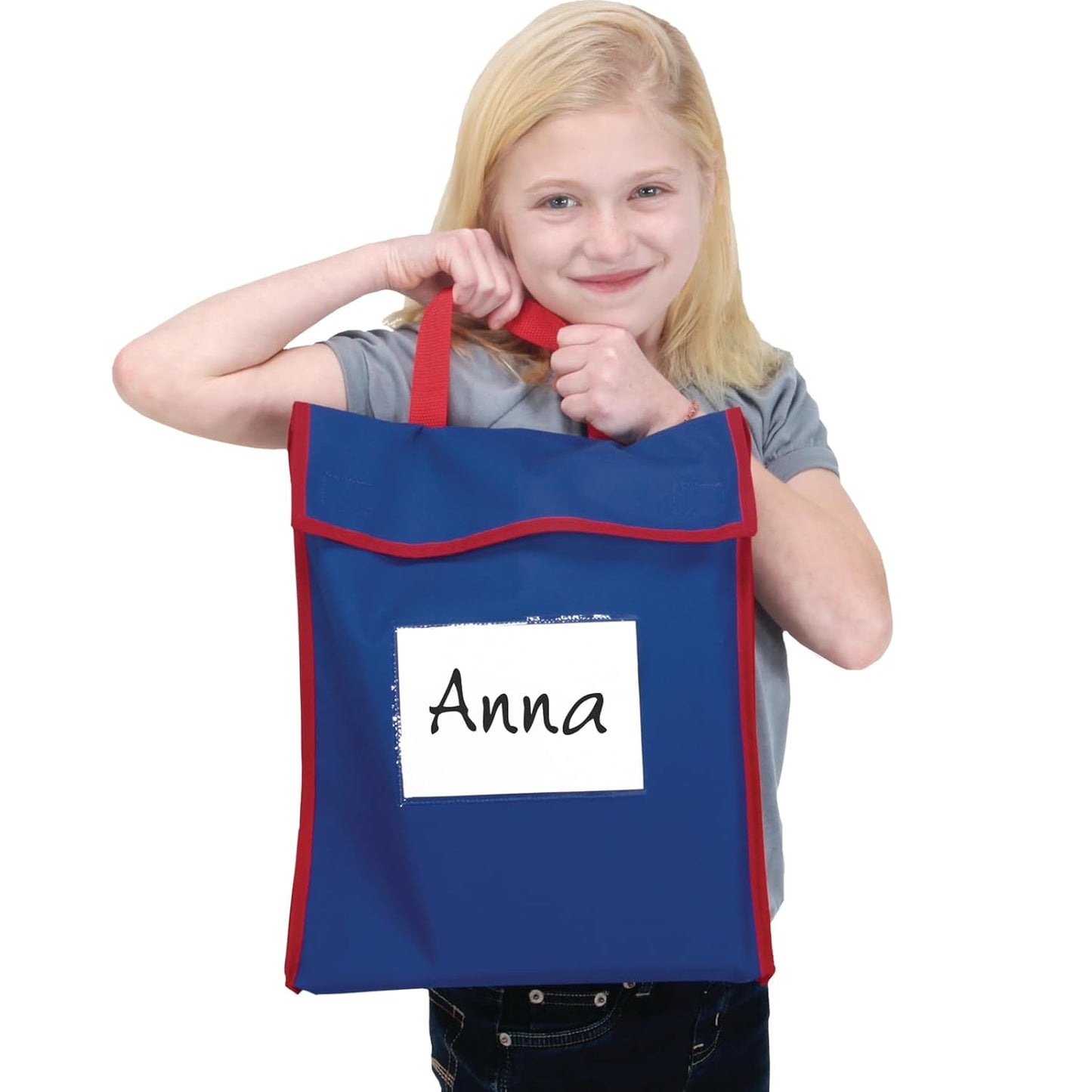 Really Good Stuff-666029 Store More Large Book Pouches – Send Home Books and Homework in Durable Fabric Book Bag – Stitched-On Handle, Clear Name Tag Pocket, Primary Colors, 12”x1”x15” (Set of 4)