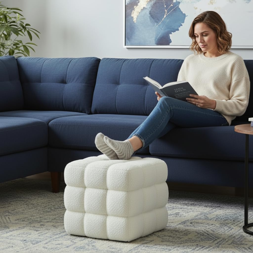 White Square Ottoman 17''3 Cube Pouf Installed,no Vacuum,Sturdy Wooden Frame,Capacity 330 lbs,Modern Sofa Stool Fuzzy Sherpa Footstool,Foot Rest,Cube Boucle,Vanity Stool,for Couch Living Room