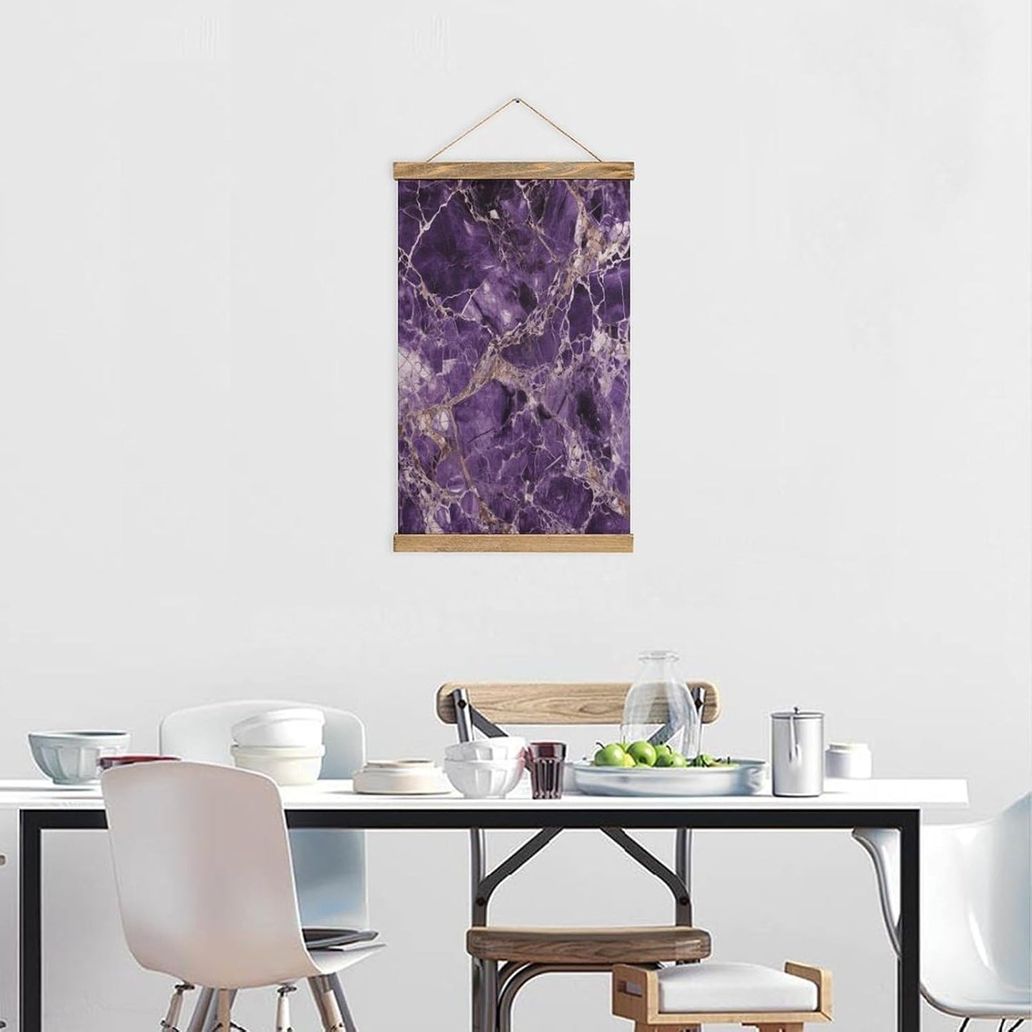 Vintage Marble Purple Poster with Wooden Frame Personalized Linen Hanging Scroll Painting Rustic Wall Hanging Illustrative Modern Artwork Decor for Home Living Room Bedroom Office