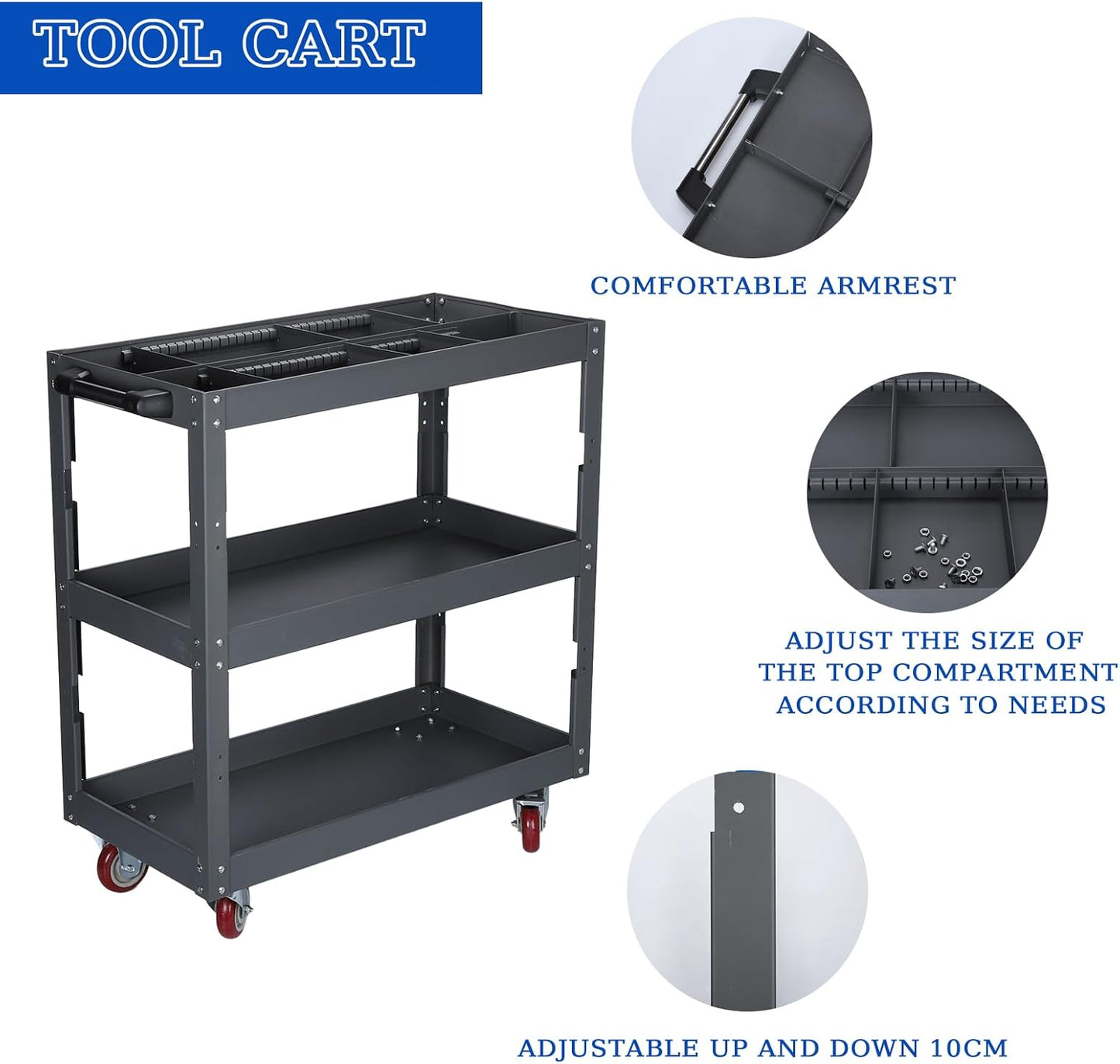 3 Tier Large Capacity Tool Cart, 660 lbs Tool Trolley with Adjustable Dividers, Lockable Wheels & Handle for Garden Warehouse Garage Workshops Grey One Size
