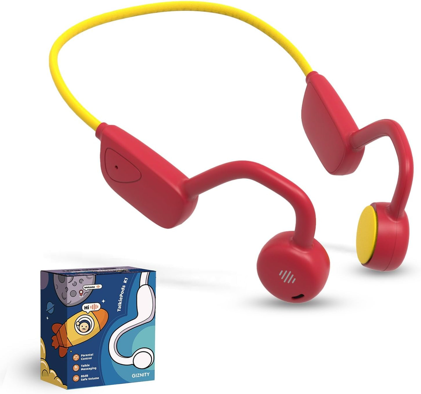 Kids Bluetooth Headphones, Air Conduction Open-Ear Headphones, Mic/Touch, 85dB Limit, Parental Control, Clear Audio, Lightweight, Rugged & Durable, IP54/20H, Earbuds for School/Travel - Red Yellow