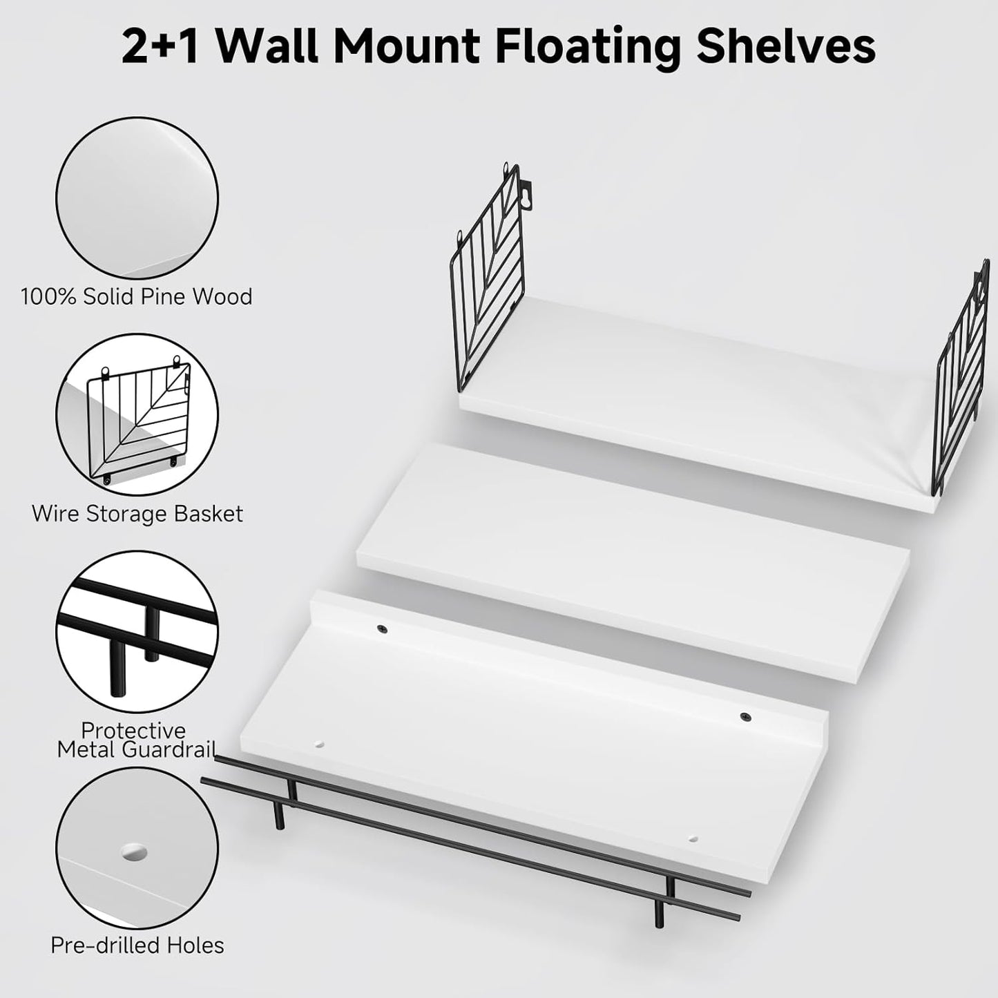 Floating Shelves for Wall, Floating Shelf for Bathroom Set of 3, Floating Shelf for Wall with Toilet Paper Holder for Bathroom, Bedroom, Living Room, Kitchen, Office (White)