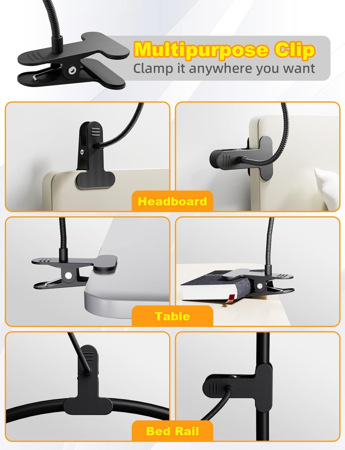 Desk Lamp with Clamp-10W，2-in-1 with RGB Ambient & Warm White Light,Book Reading Light Color Changeable/Flexible Gooseneck LED Lamps Clip on Bed Headboard and Computers 800LM-Black