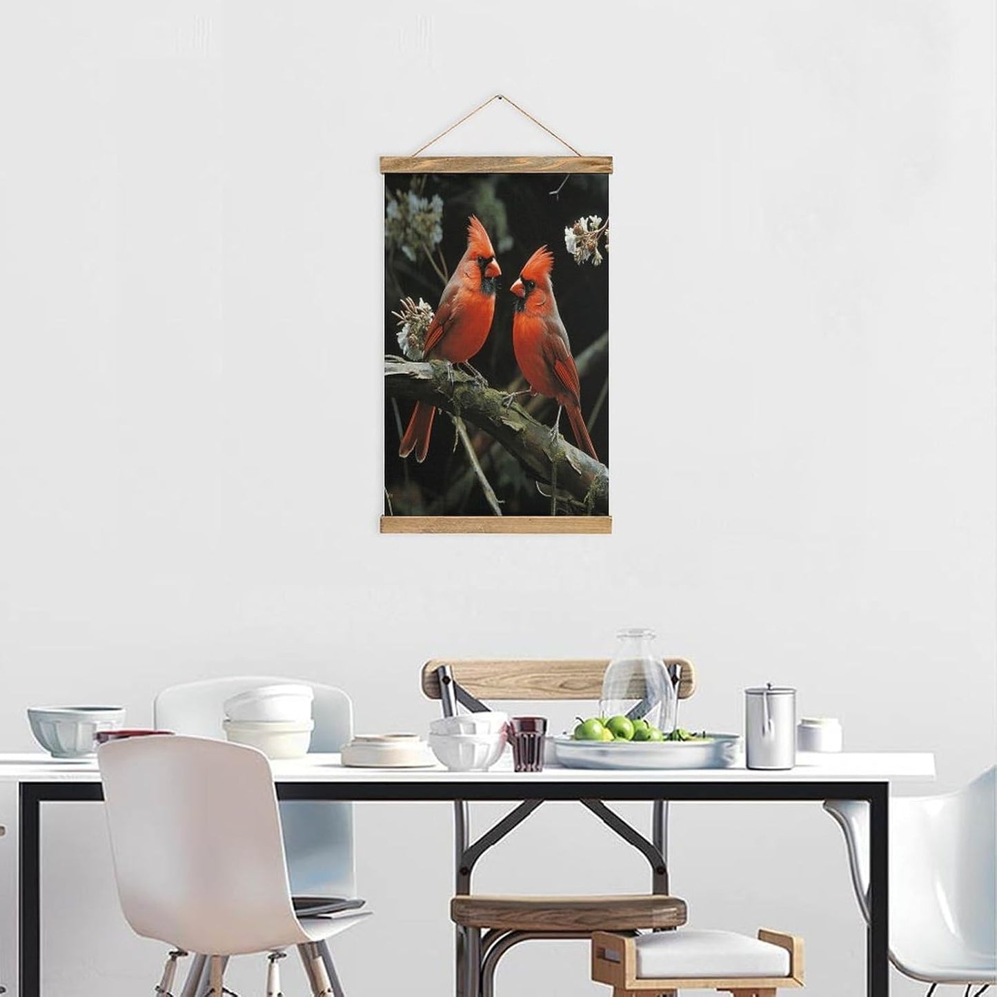 Vintage Cardinals Birds Fauna Wild Poster with Wooden Frame Personalized Linen Hanging Scroll Painting Rustic Wall Hanging Illustrative Modern Artwork Decor for Home Living Room Bedroom Office