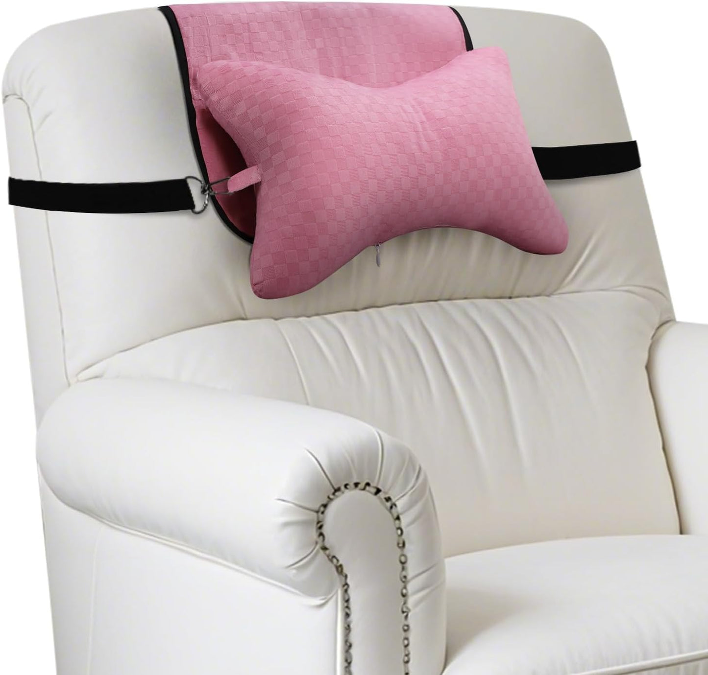 Recliner Head and Neck Support Pillow, Sofa Chair Headrest Cushion, Anti-Slip Design for Neck Pain Relief on Sofa, Car Seat, Travel (Pink-Checker)