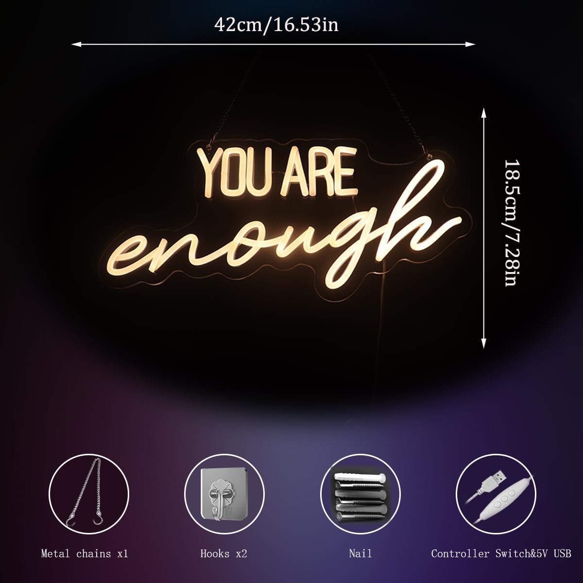 "You Are Enough" Neon Sign Word/Letters USB Powered with Dimmer Switch Neon Lights for Room Home Bar Art Wall Decor Party Window Living Room Decor Wall Hanging Decoration (warm white)