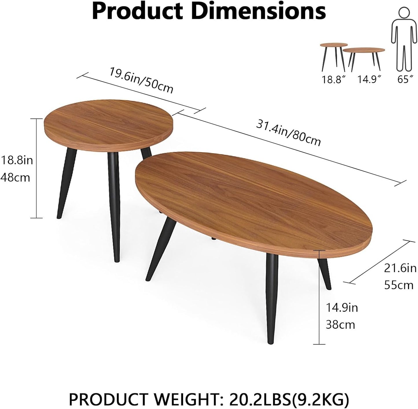 2-Piece Nesting Coffee Table Set, Oval & Round Mid-Century Modern Side Tables with MDF Tabletop & Metal Tapered Legs, Accent Table Set for Living Room, Small Spaces (Walnut)