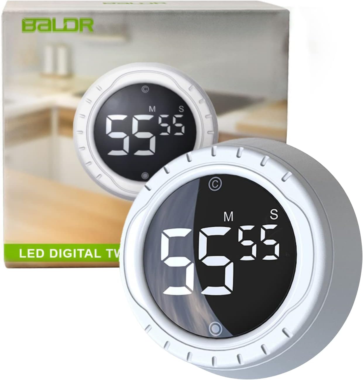 BALDR Digital Kitchen Timer with Rotating Desk Display, Strong Magnet, Count Up/Down & Beeping Alerts - Productivity Timer & Magnetic Timers for Classroom and Kitchen (White)