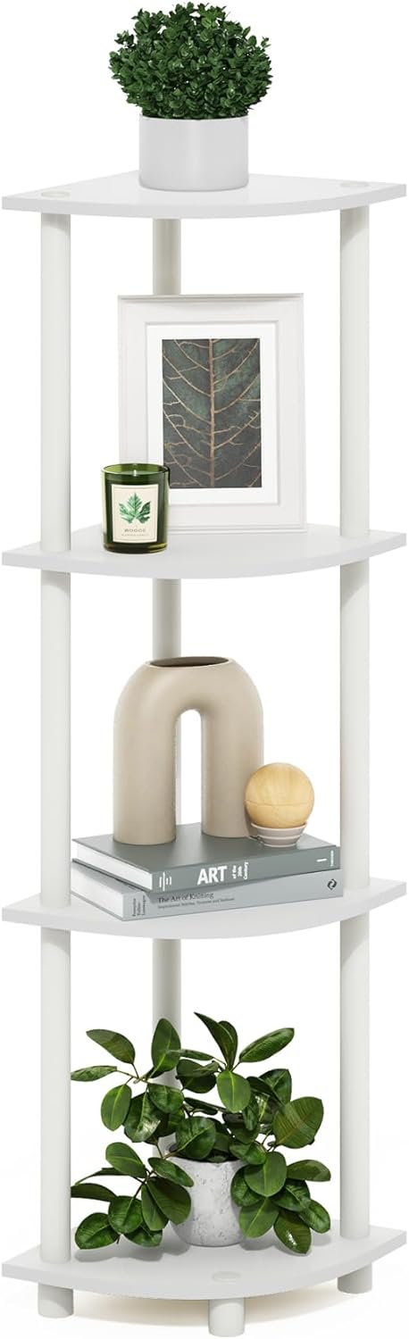 Furinno Turn-N-Tube Corner Shelf, 4-Tier Corner Bookshelf, Display Storage Shelves with Open Shelves, for Organization and Storage, Living Room, Home Office, Garage, White