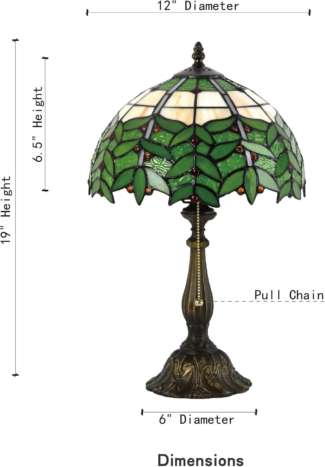 Tiffany Style Stained Glass Table Lamp 12-inch Dia Natural Green Leaf Design Lampshade Nightstand Light for Bedroom Dining Dorm Living Hallway Cottage Office Cafe Ceremony Housewarming Gift