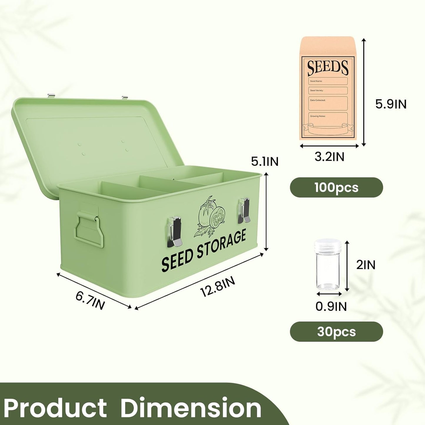 Seed Storage Organizer Box, Metal Seed Box, Garden Seed Organizer with Lid, Seed Containers Storage with 4 Compartments, 30 Seed Holder Organizers, 100pcs Seed Envelopes (Green)