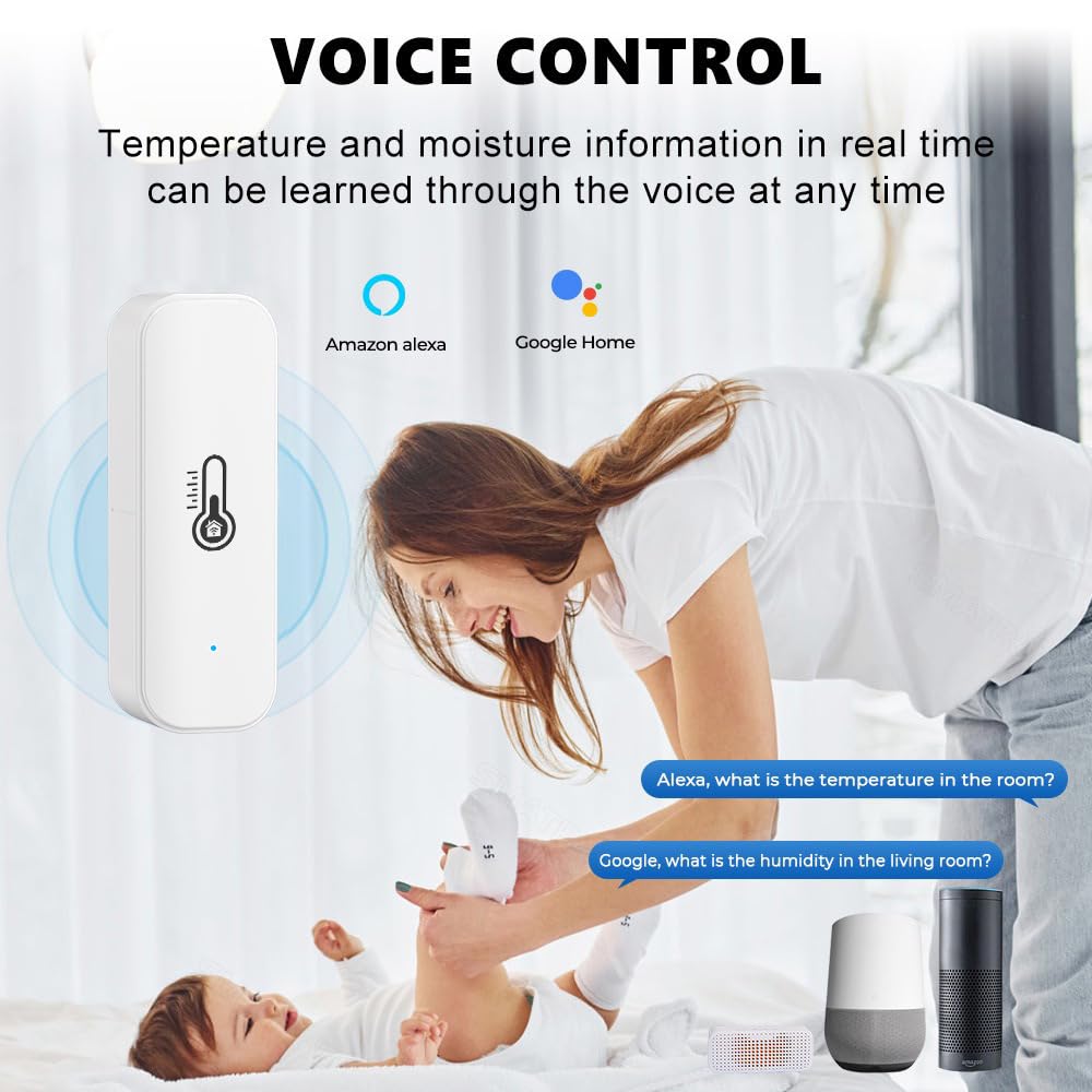WiFi Smart Temperature and Humidity Monitor Sensor Compatible with Alexa,Google Assistant. with App Alert, for Home Pet Greenhouse.
