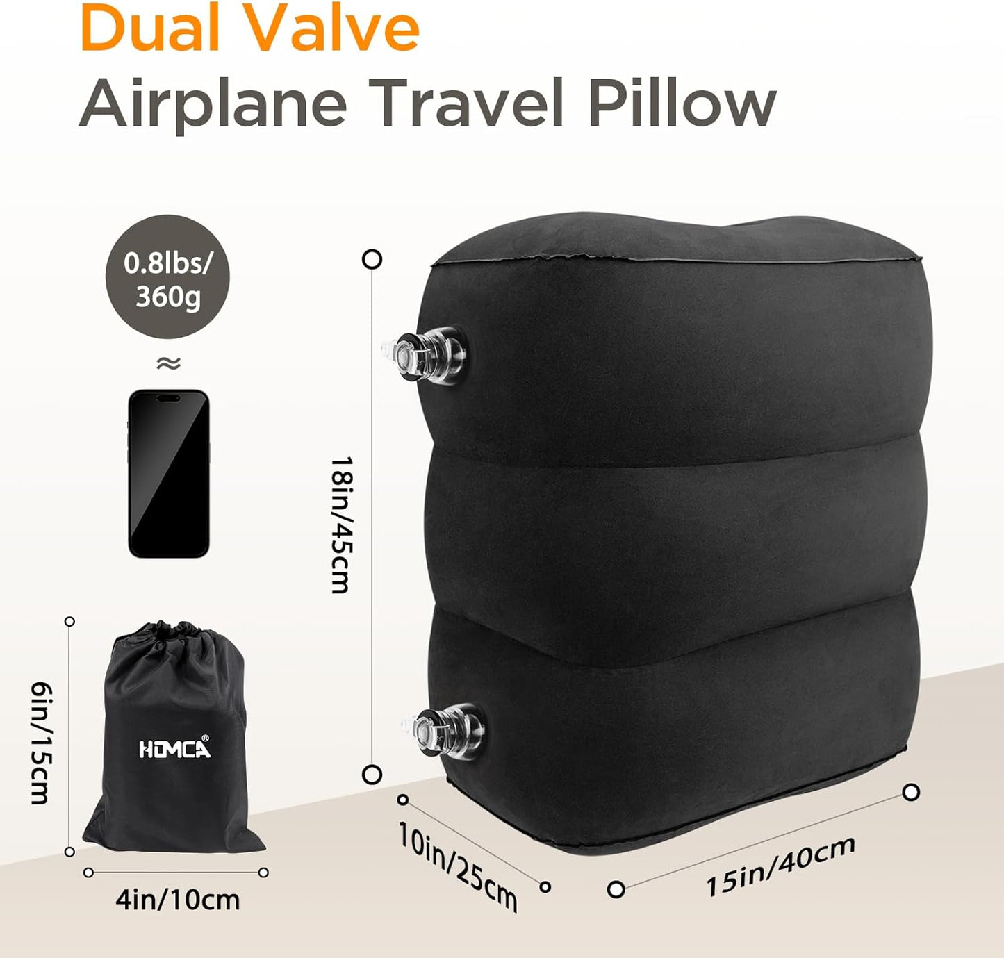 HOMCA Inflatable Travel Foot Rest Pillow (2-Pack) Adjustable Height Leg Pillow Fast Inflating Airplane Bed for Toddlers Footrest Pillow for Office, Airplane, Train, Cars, Home (Black)