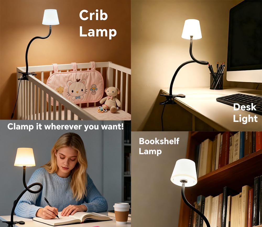 Clip On Light and Bed Reading Light, Clip on for Desk, Bedside Lamps for Dorm, College Dorm Room Essentials, Night Light for Kids Nursery, Multicolor LEDs, Adapter Included