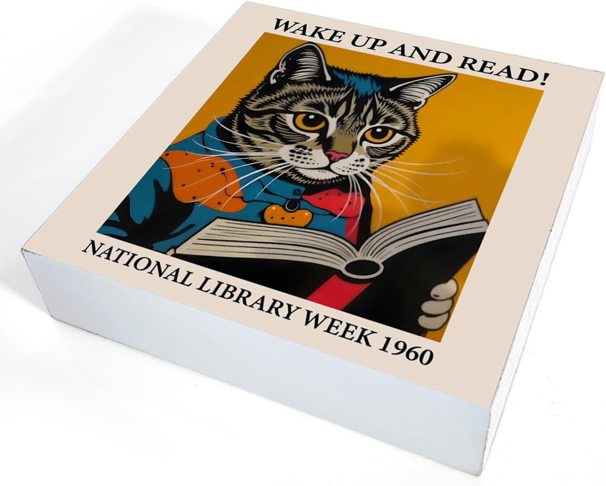 Cat Reading Sign Decor Wake Up and Read Wood Block Sign Inspiring Home Desk Table Shelf Decoration Reader Gift
