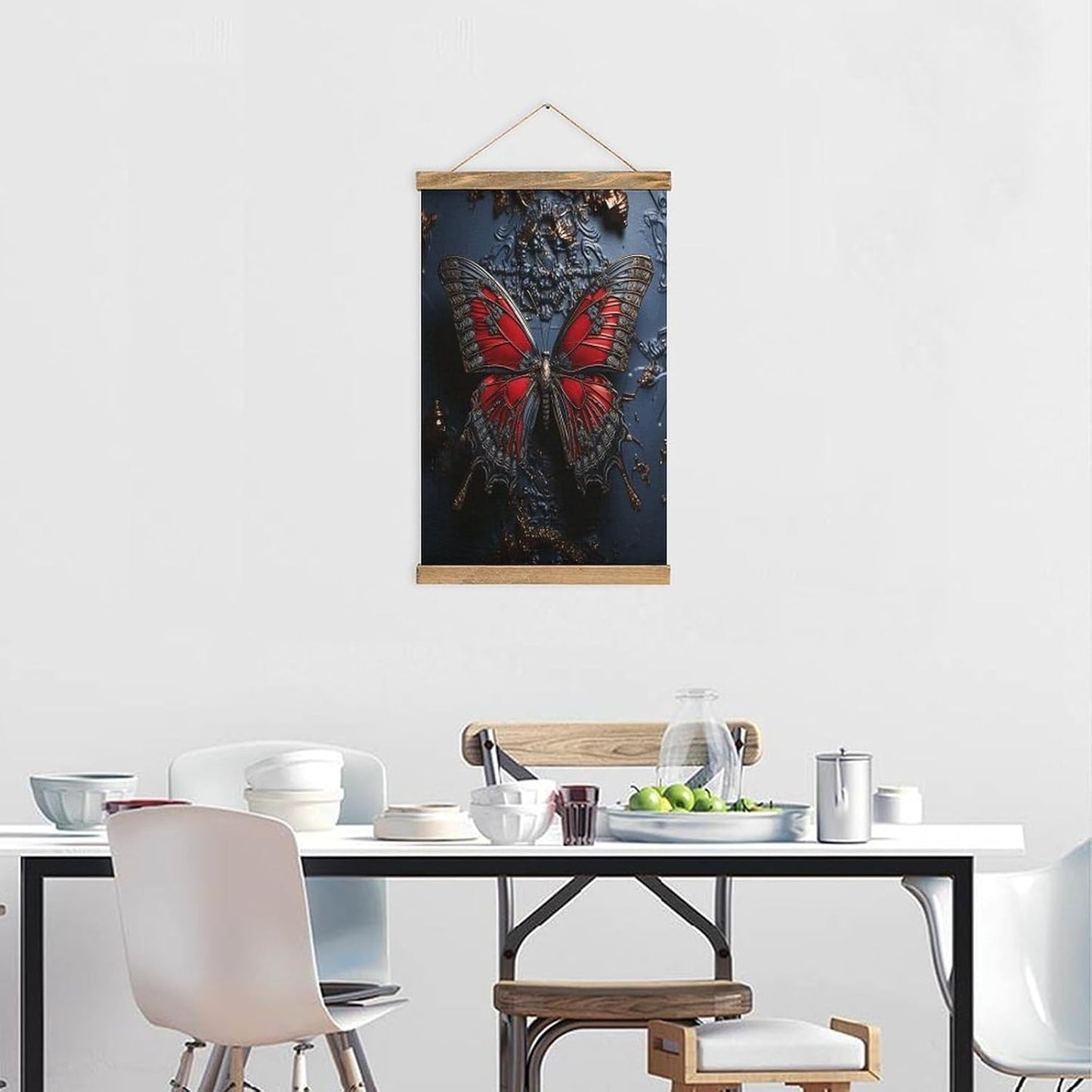 Vintage Red Butterfly Poster with Wooden Frame Personalized Linen Hanging Scroll Painting Rustic Wall Hanging Illustrative Modern Artwork Decor for Home Living Room Bedroom Office