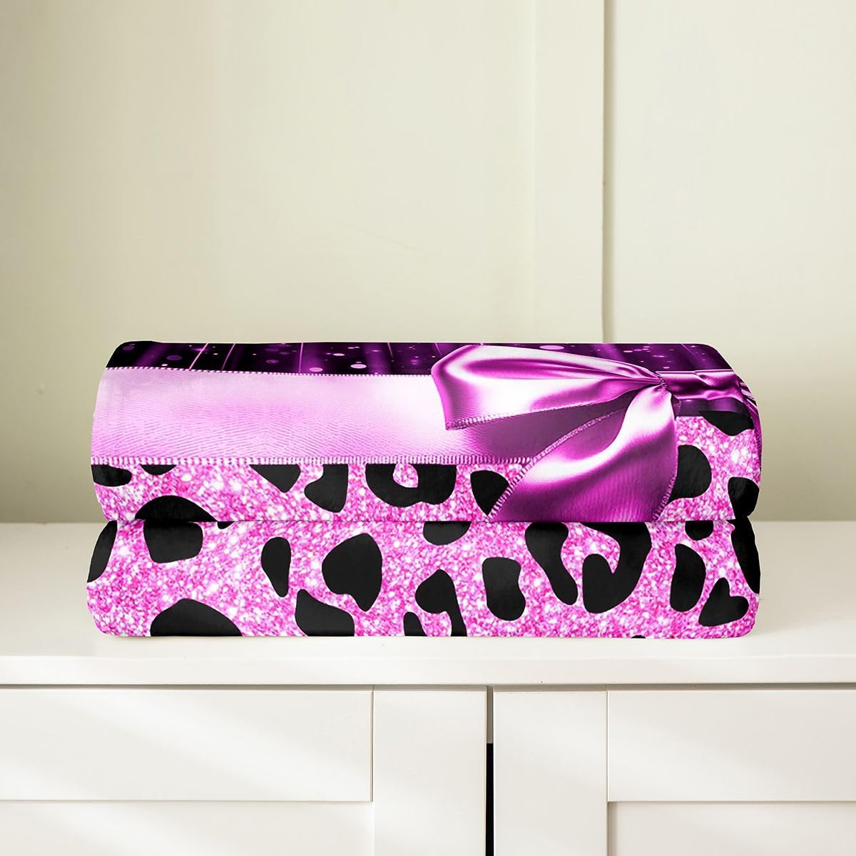 Feelyou Pink Purple Leopard Fleece Throw Blanket Cute Bow Flannel Blanket Plush Fuzzy Sweet Animal Pattern for Bed Couch Chair Living Room Coquette Aesthetic Queen 90"x90" Bedroom Decor