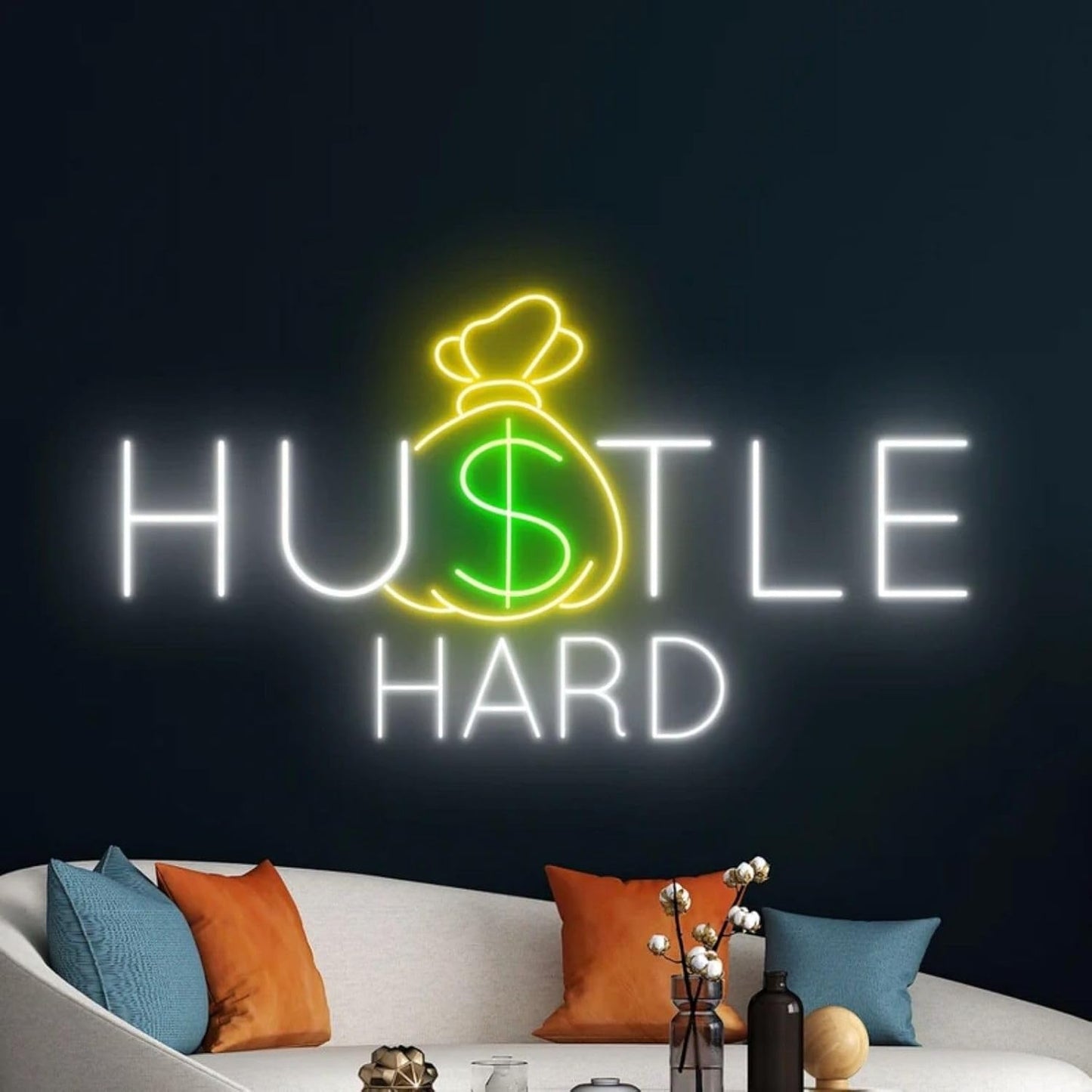Hustle Hard Neon Sign, Hustle Hard Money Dollar LED Light, Motivational Modern Space Neon Light, Inspirational Quote Decor for Bedroom Party Man Cave Bar Decoration, Restaurant Bar Hotel Shop-16.7"