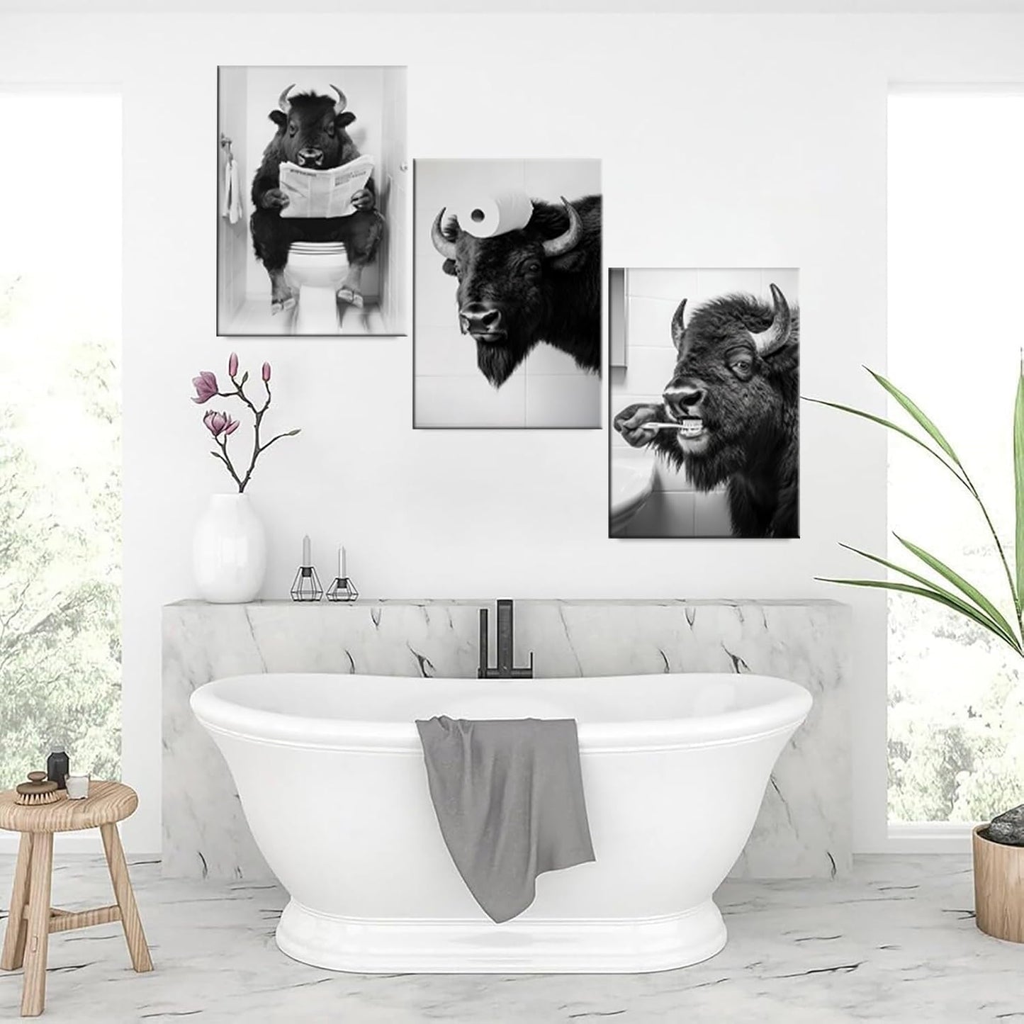 Funny Bison Bathroom Wall Art - 3 Piece Black and White Buffalo on Toilet Canvas Prints, Humorous Animal Pictures for Restroom Decor, 12x16 Inch Framed, Unique White Elephant Gift
