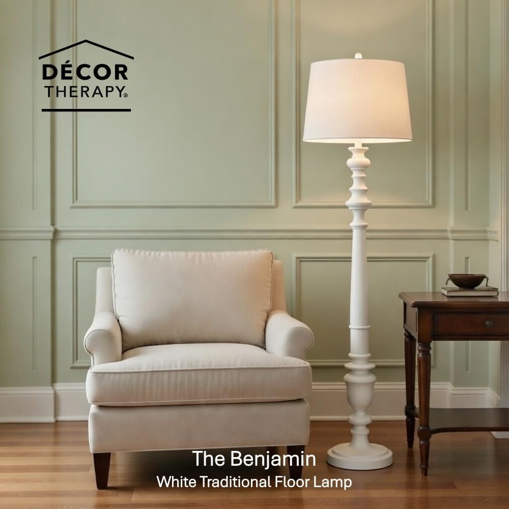 Decor Therapy Benjamin Floor Lamp for Bedroom, Traditional Style, Tall Modern Floor Lamp for Living Room, 150 W, White (19"x 19"x 59")