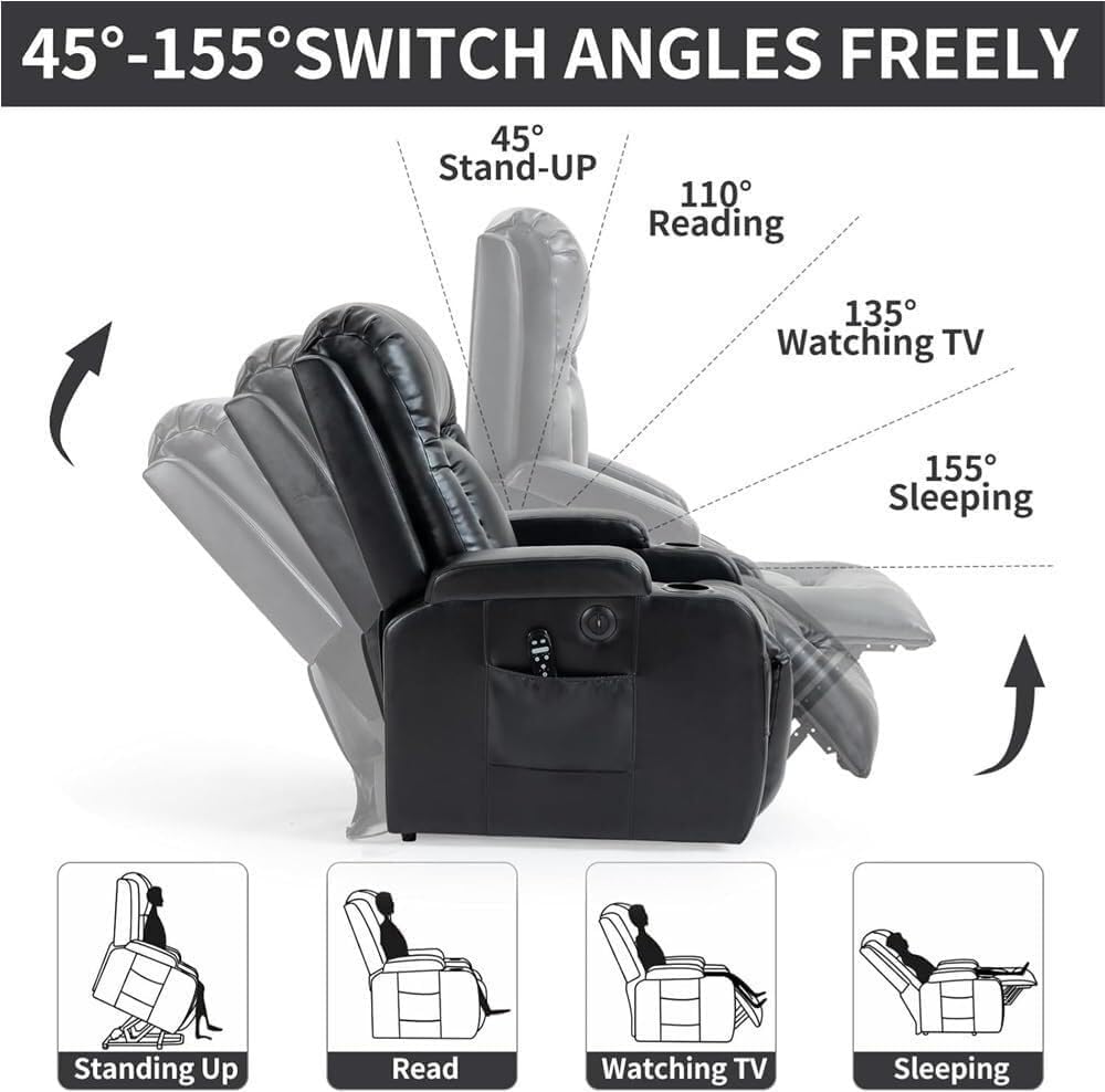 Heavy Duty Power Lift Recliner with Lumbar Massage & Heat Single Motor Electric Leather Recliner Chair for Elderly, Cup Holders, Charging Port, Comfortable Black Upholstered Sofa Seat