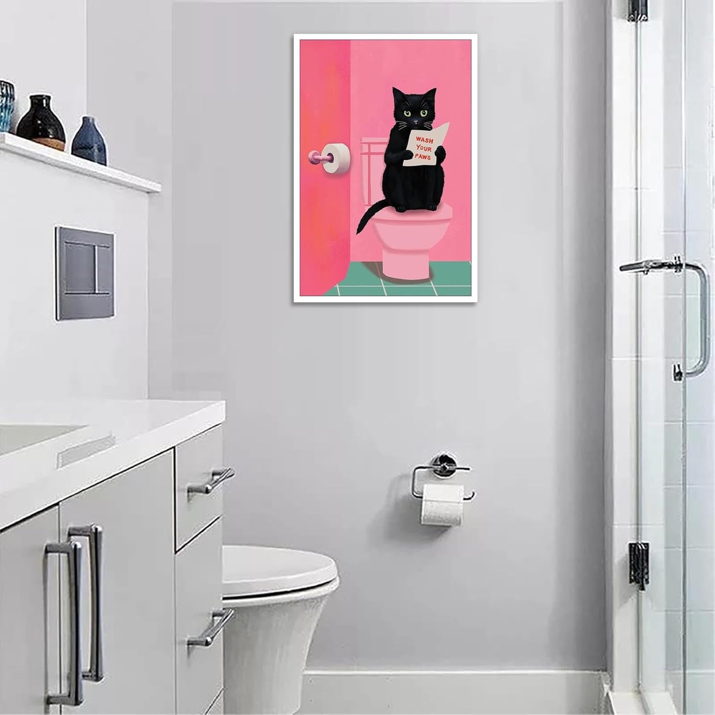 Funny Bathroom Wall Art Black Cat On Pink Toilet Reading The Newspaper Poster Cute Humorous Preppy Animal Aesthetic Prints Painting For Home Bedroom Bathroom Wall Decor 12x16in Unframed