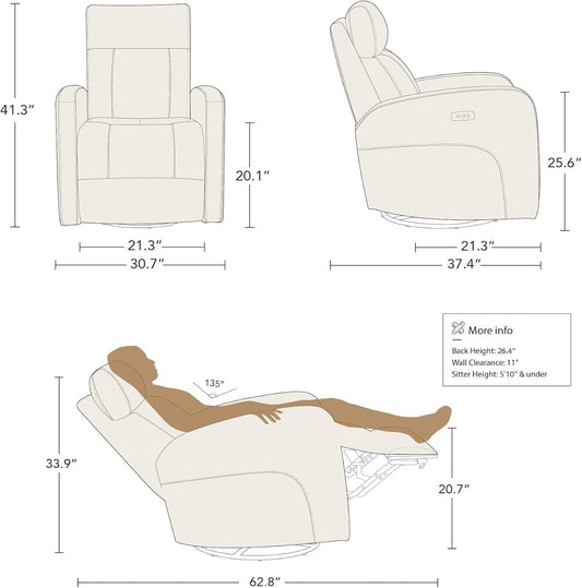 Power Swivel Rocker Recliner Chair, Electric Glider Recliner with USB Charging, Leather Recliner Chair with Wooden Armrests and Layer Backrest, Modern Lounge Chair for Living Room