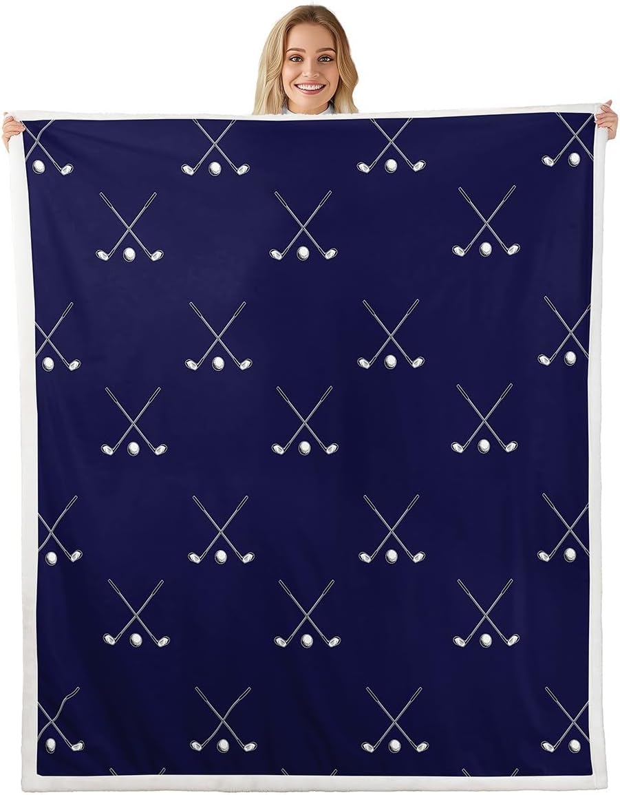 Golf Sports Bed Blankets,Men Golf Player Throw Blankets,Sketch White Golf Print Fleece Blanket for Kids Teens Boys Adult Room Decor,Fashion Dark Blue Sherpa Blanket,for Chair/Sofa,60"×80"
