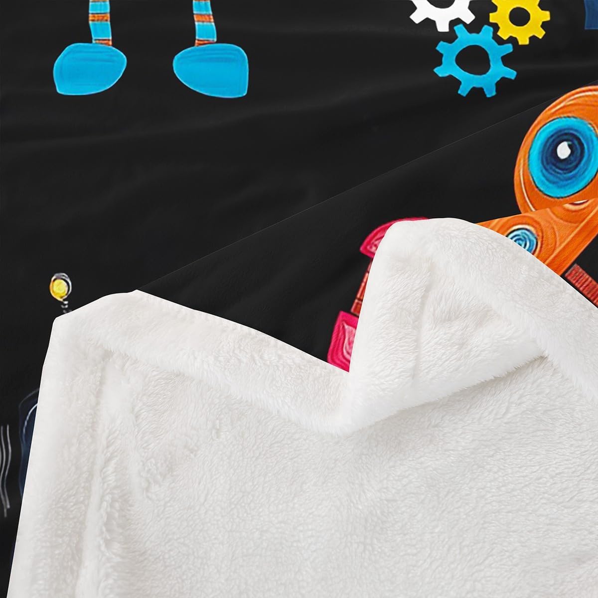 Cute Robot Kids Throw Blanket,Modern Watercolor Intelligent Machine Bed Blanket for Boys Girls,Cartoon Equipments Tools Fleece Blanket,Black Fuzzy Blanket,40 x 50 Inches