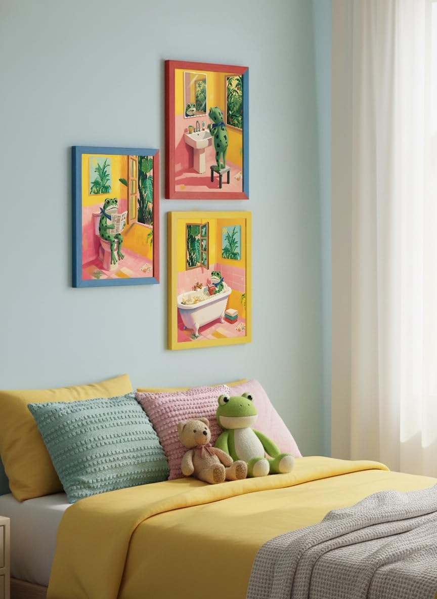 3 Piece Funny Frog Bathroom Wall Art, Unframed Whimsical Pink & Yellow Canvas Prints, Cute Animal Core Morning Routine Decor for Kids & Guest Restroom - Reading, Brushing Teeth, Bathing Scenes