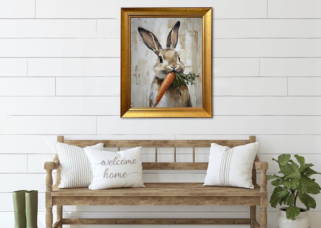 Cute Easter Bunny Reading Book Oil Painting Vintage Gold Framed Wall Art Tiny Rabbig Big Glasses Canvas Print Spring Nursery Decor for Kids Room Study Room Bedroom