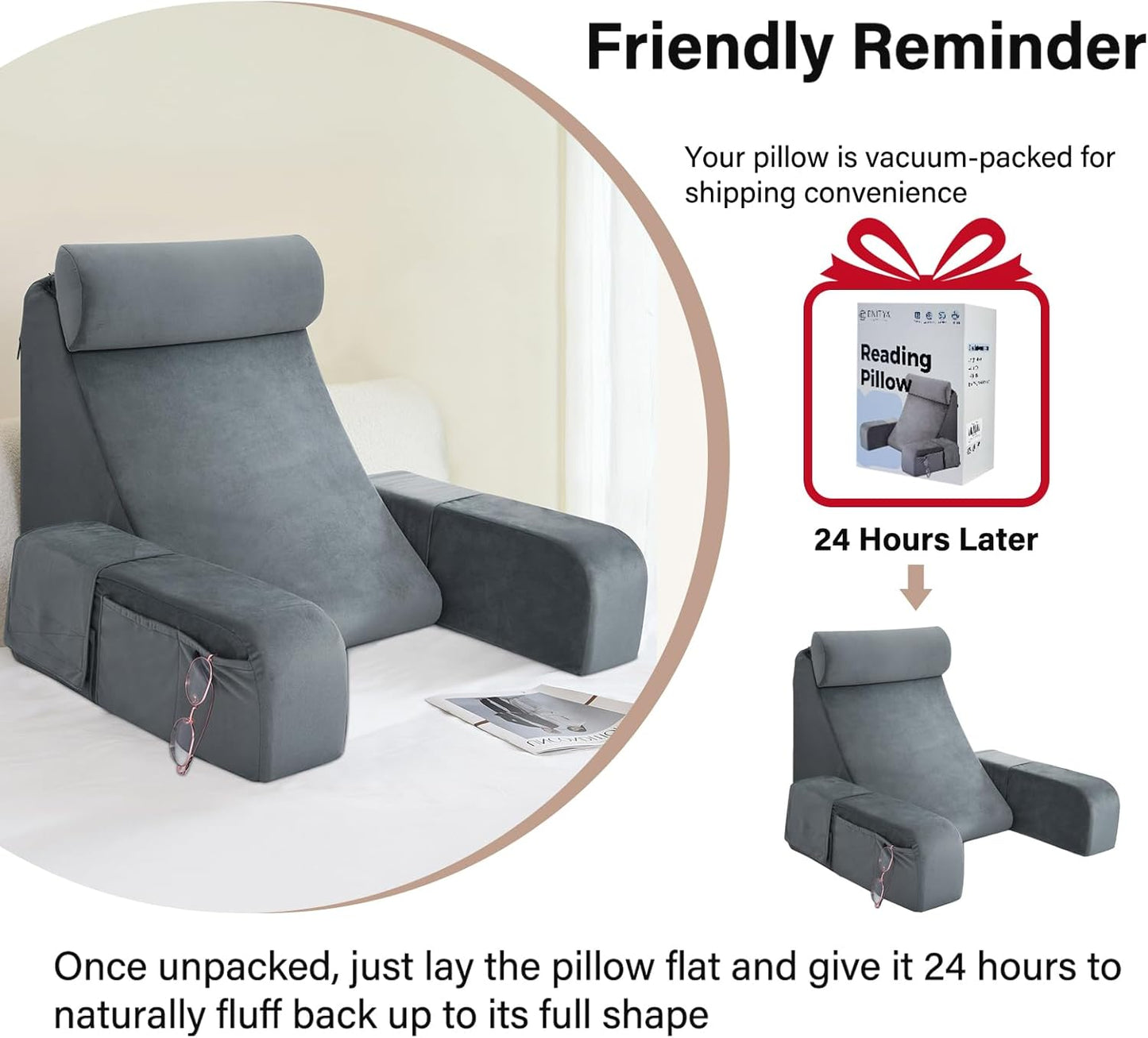 Reading Pillow for Bed Sitting Up — 19" Wedge with Arms, Backrest Cushion, Medium (Grey)