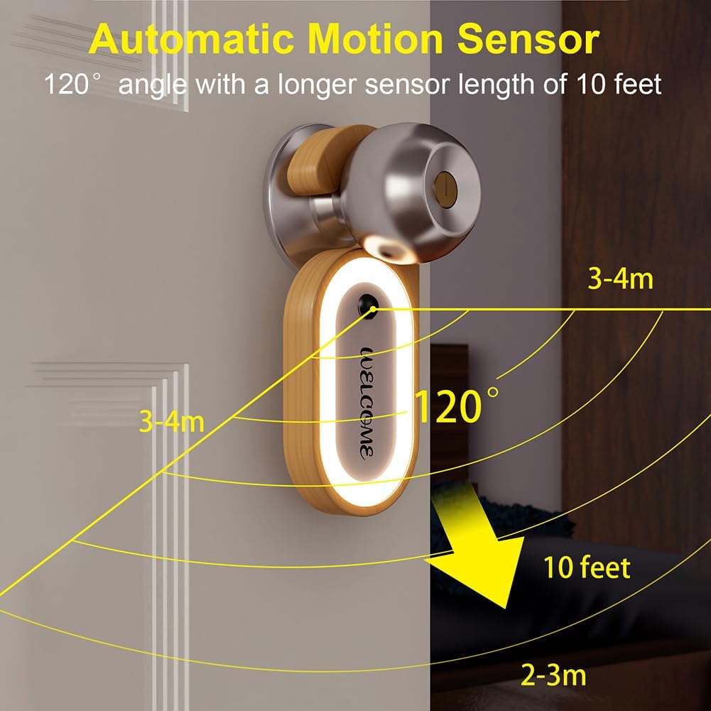 LANDGOO 1-Pack Retro Wooden Door Knob Night Light with Motion Sensor & Message Board, Rechargeable Wall Mount Lamp with Hook, Hotel Style LED Light for Bedroom Bathroom Hallway