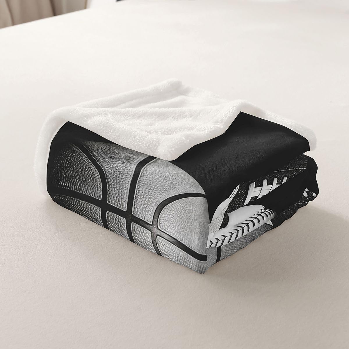 Feelyou Sports Sherpa Throw Blanket for Couch Football Super Soft Cozy Fleece Black White Baseball Blanket for Winter, Plush Throw Soocer Basketball Baby 30"x40" All Season