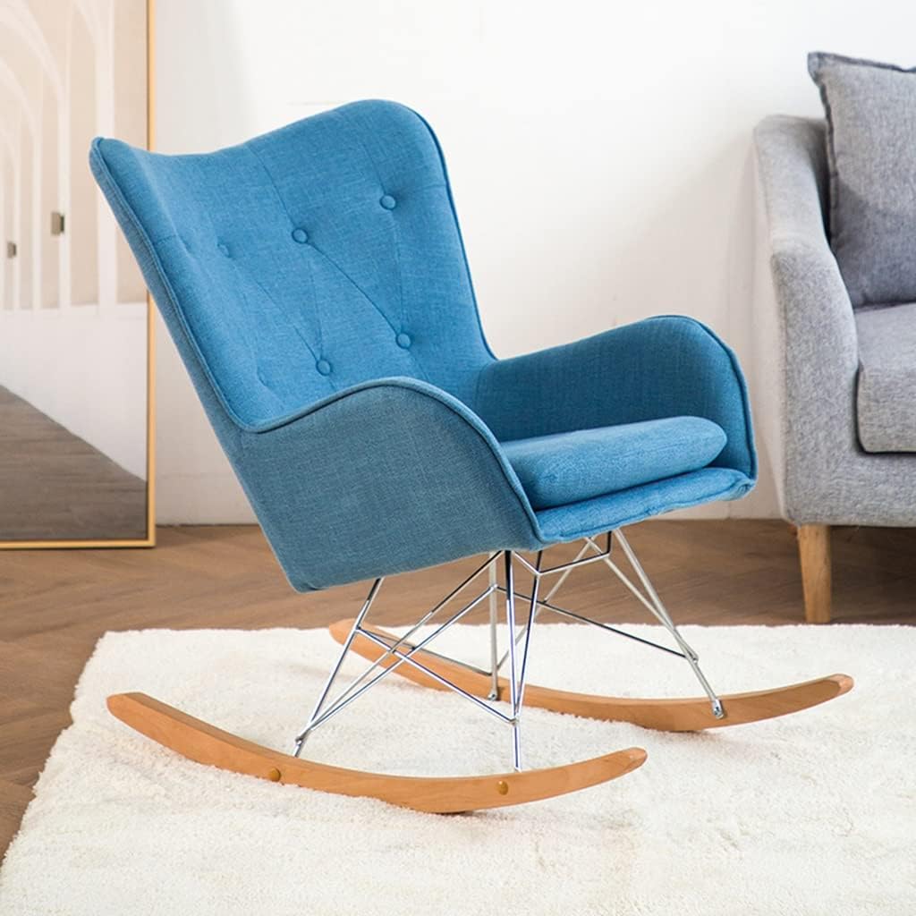 LSLYTQ Mid-Century Fabric Rocking Chair, Solid Wood Loung Rest Chair, Lazy Backrest Chair, Comfortable Rocking Armchair, Solid Hardwood Metal Base