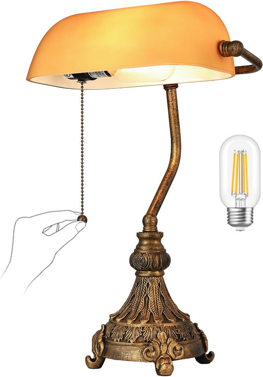 Newrays Vintage Amber Glass Bankers Desk Lamp for Home Office,Library with Pull Chain Switch Plug in Fixture, LED Bulb Included