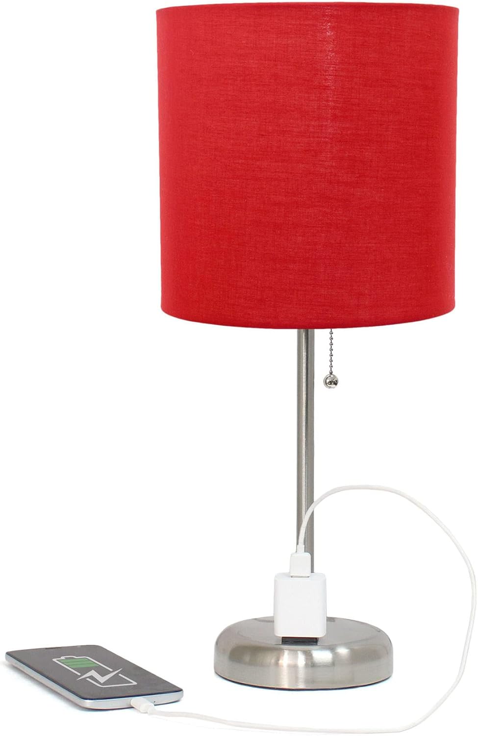 Oslo 19.5" Contemporary Bedside Power Outlet Base Standard Metal Table Desk Lamp in Brushed Steel with Red Drum Fabric Shade