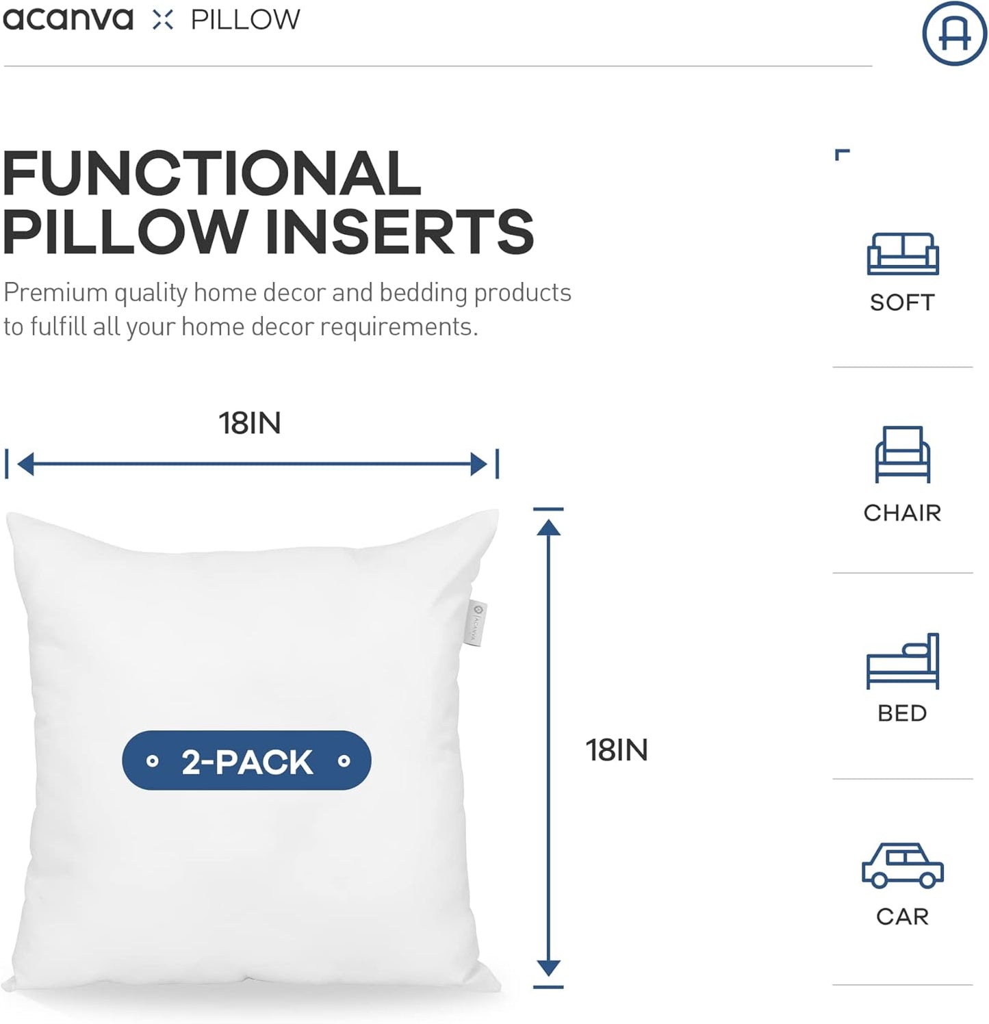 Acanva Premium Throw Pillow Inserts with Microfiber Filled, Lumbar Support Decorative Stuffer for Sofa Bed Couch & Chairs, 18x18, 2 Count, White
