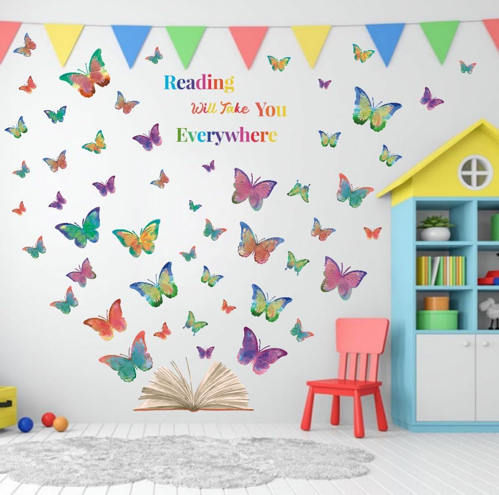 OLMIXA Colorful Butterfly Reading Book Wall Decal, Reading Will Take You Everywhere Inspirational Quote Stickers, Vinyl Butterfly Book Wall Art for Classroom Library Playroom Decor