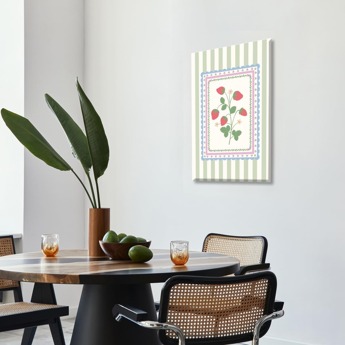 Cute Strawberry Wall Art Vintage Botanical Canvas Poster Farmhouse Soft Pastel Colors Striped Strawberry Print for Kitchen Dining Room Nursery Cottagecore Aesthetic Home Decor 12x18inch Unframed