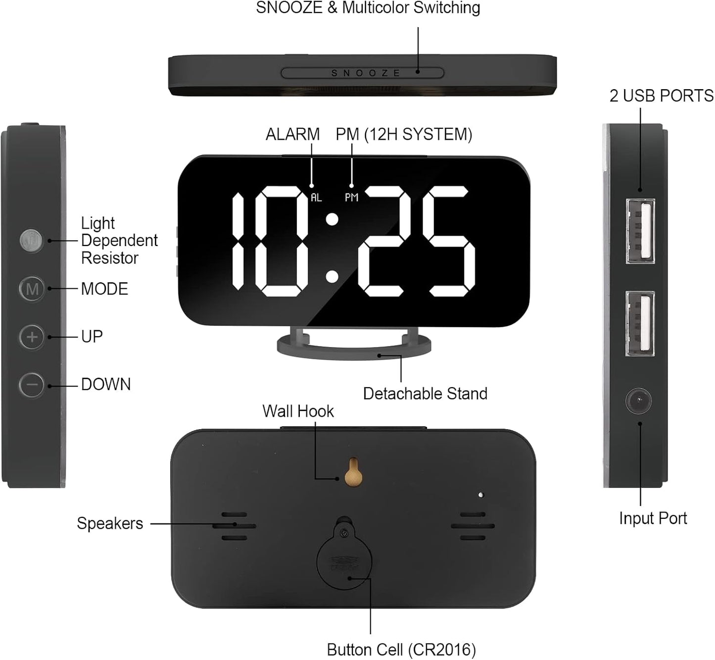 WulaWindy RGB Digital Clock - LED Alarm Clocks Large Display Mirror Surface with Dual USB Ports for Modern Decorations Aesthetic Home Bedroom Living Room Office and Wall Decor - Black