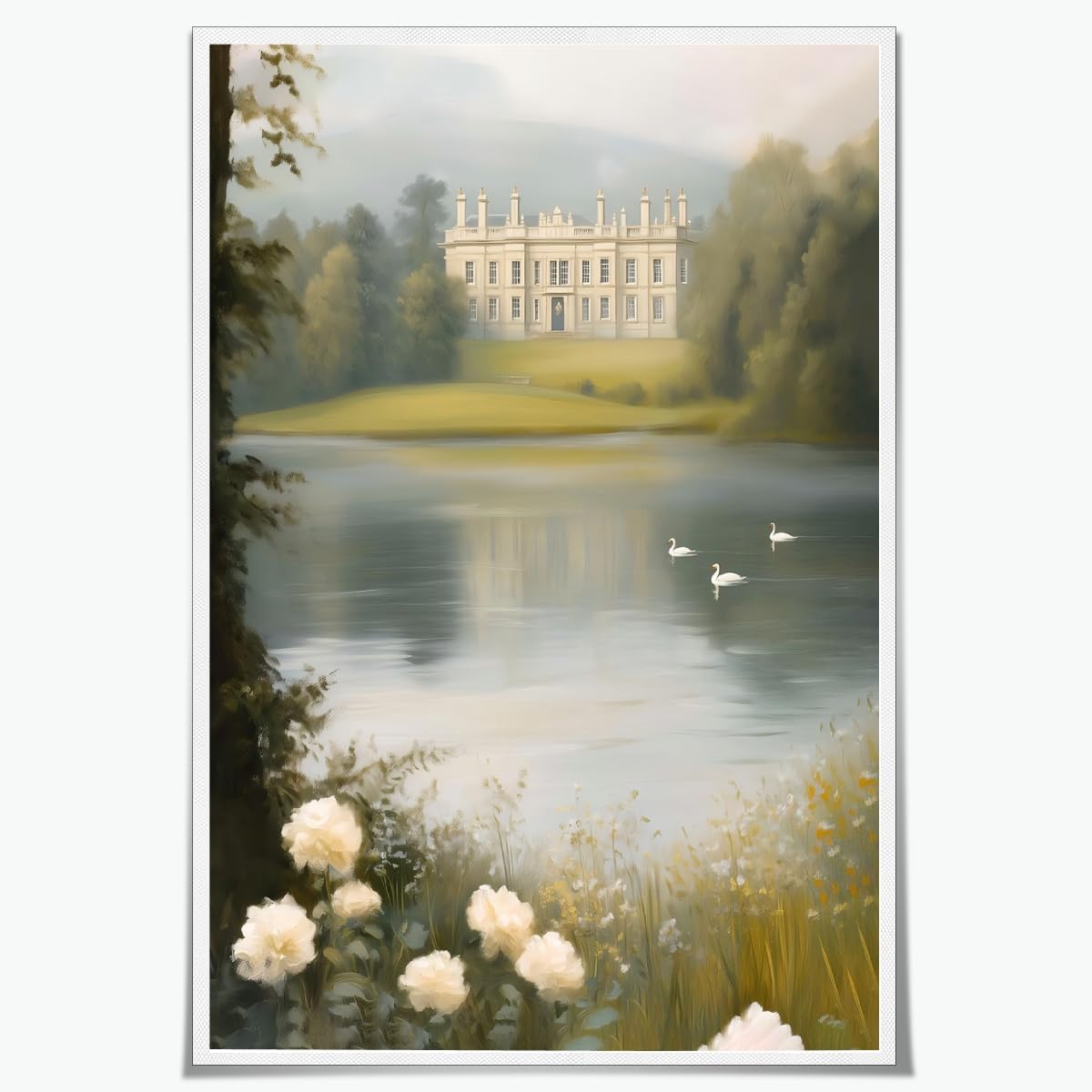 Pemberley Estate Painting English Country Wall Decor Jane Austen Inspired Wall Art Pride and Prejudice Print White Roses Swans Lake Poster Picture Decor for Library Study Home 12x18inch Unframed