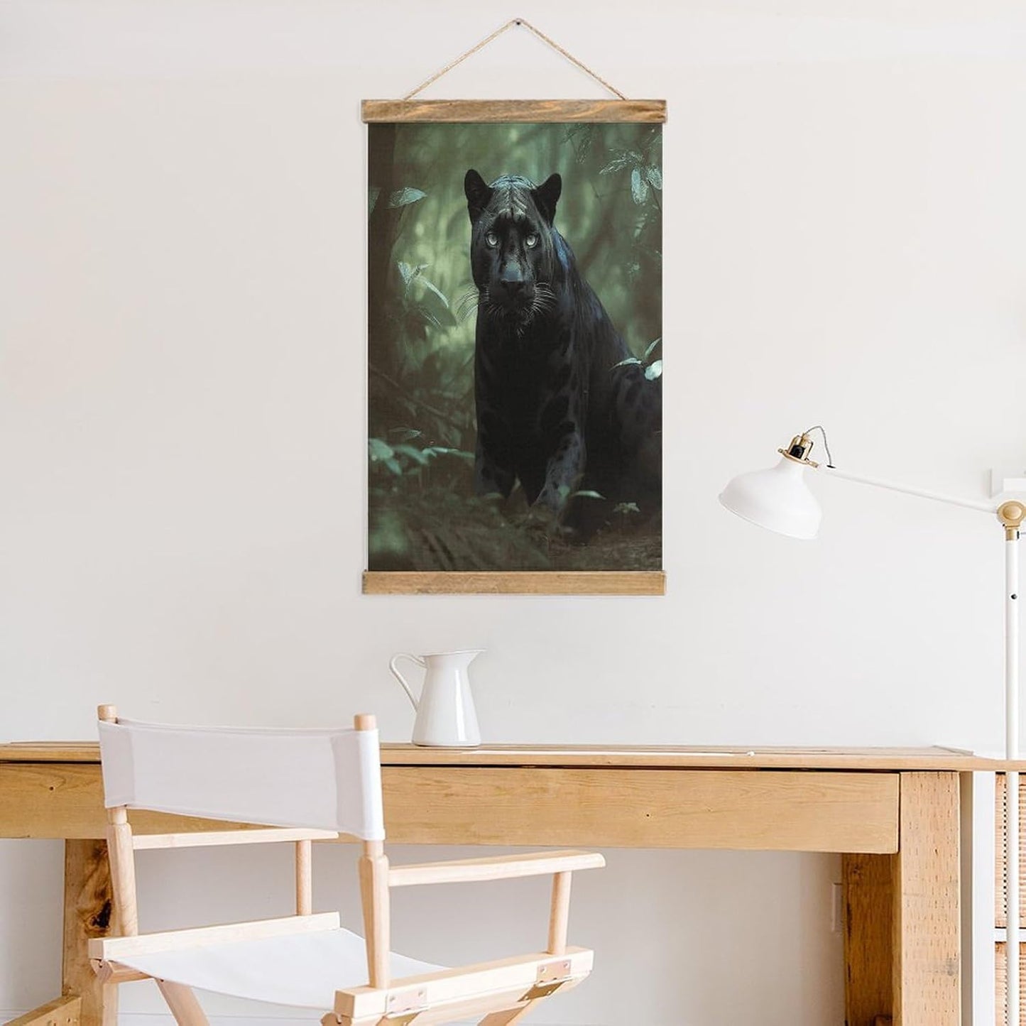 Vintage Forest Panther Poster with Wooden Frame Personalized Linen Hanging Scroll Painting Rustic Wall Hanging Illustrative Modern Artwork Decor for Home Living Room Bedroom Office