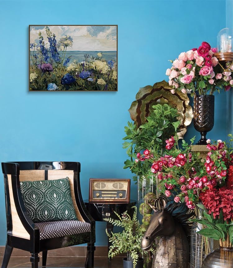Floral Canvas Wall Art Blue Purple Flowers Ocean View Wall Decor Coastal Prints Nature Posters Abstract Painting Framed Artwork For Living Room And Bedroom And Office Space My Home Decor 16x24 Inches