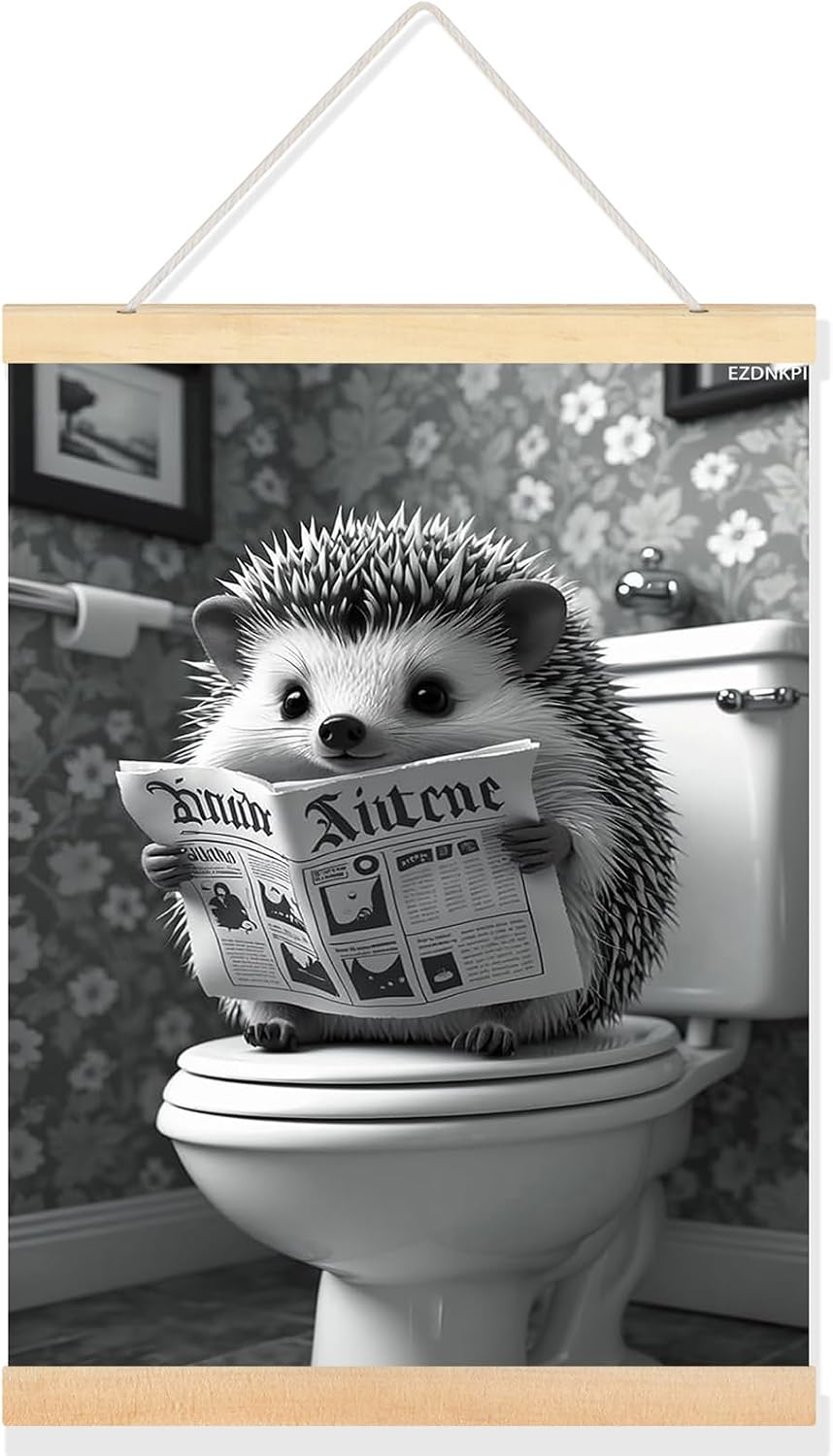 Hedgehog Sitting on Toilet Reading Newspaper Black and White Wall Art Funny Hedgehog Autumn Bathroom Framed Wall Decor 24x36 Inches