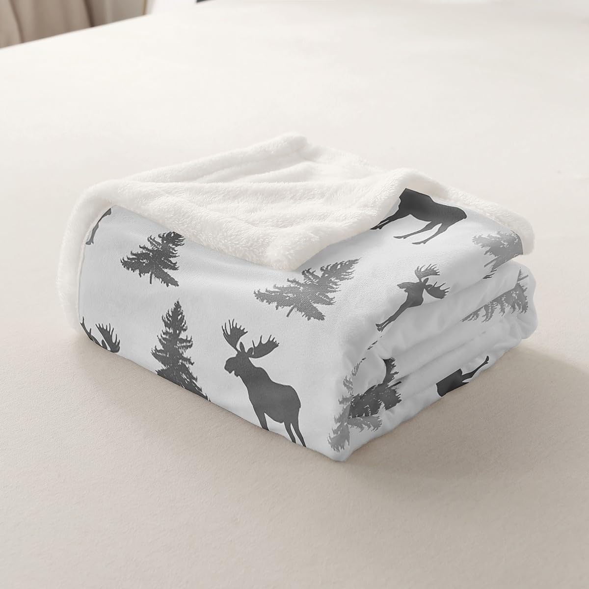 Erosebridal Woodland Sherpa Blanket Throw 50x60 Inch Elk Fleece Blanket for Kids Boys Men Wildlife Rustic Deer Farmhouse Natural White Grey Luxury Soft Fuzzy Plush Throw
