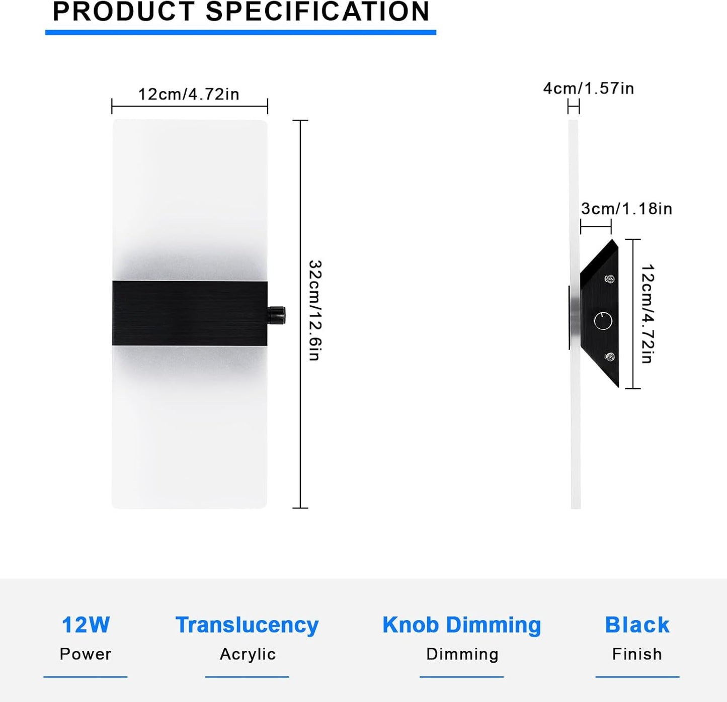 Lightess Modern Wall Sconce with Switch, Indoor Wall Light Dimmable, 12W Black Acrylic Wall Mounted Light Fixtures for Hallway Stairway Bedroom, Cool White, 1 Pack