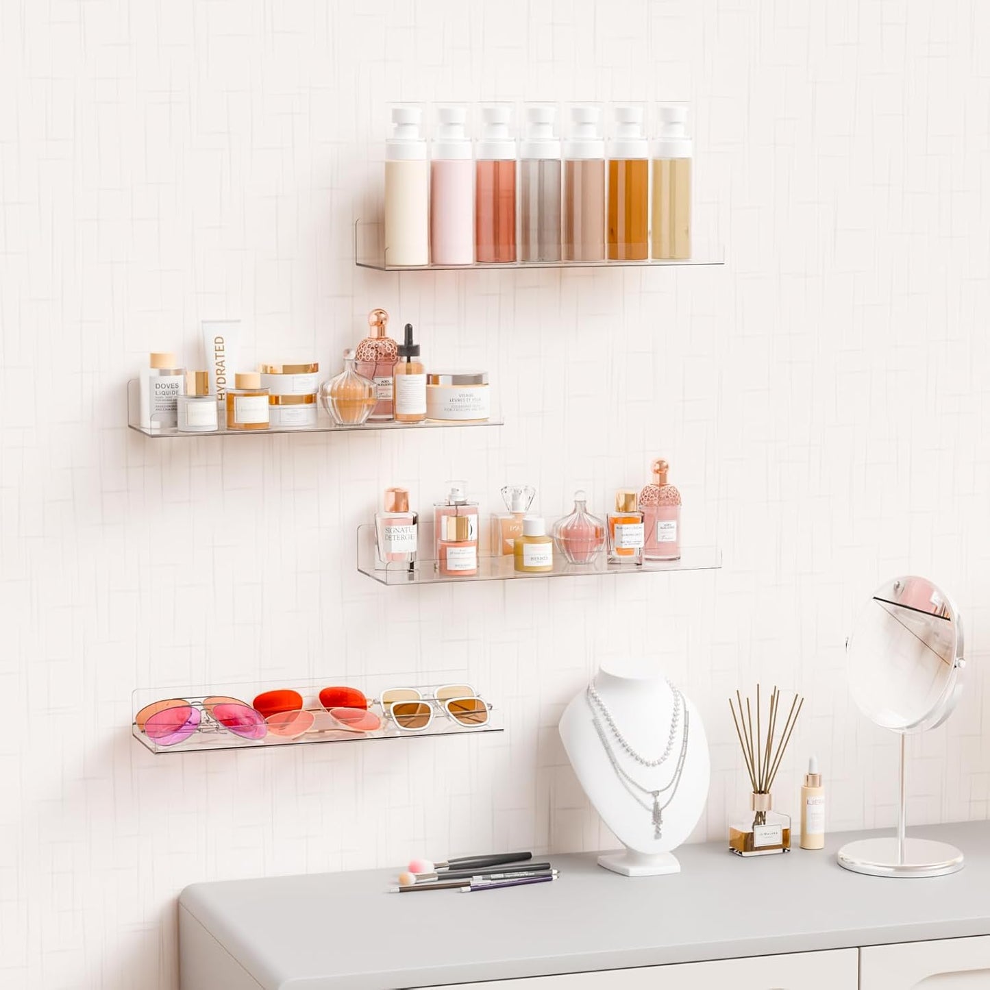 Yieach 4 Pack 15" Acrylic Shelves for Wall,Bathroom,Bedroom - with Adhesive - No Drilling Clear Floating Shelves for Funko Pop,Lego,Action Figures,Nail Polish,Perfume Shelf and Wall Storage & Display